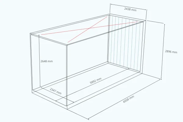 20 pėdų Open Top High Cube konteineris – matmenų ir palečių talpos schema