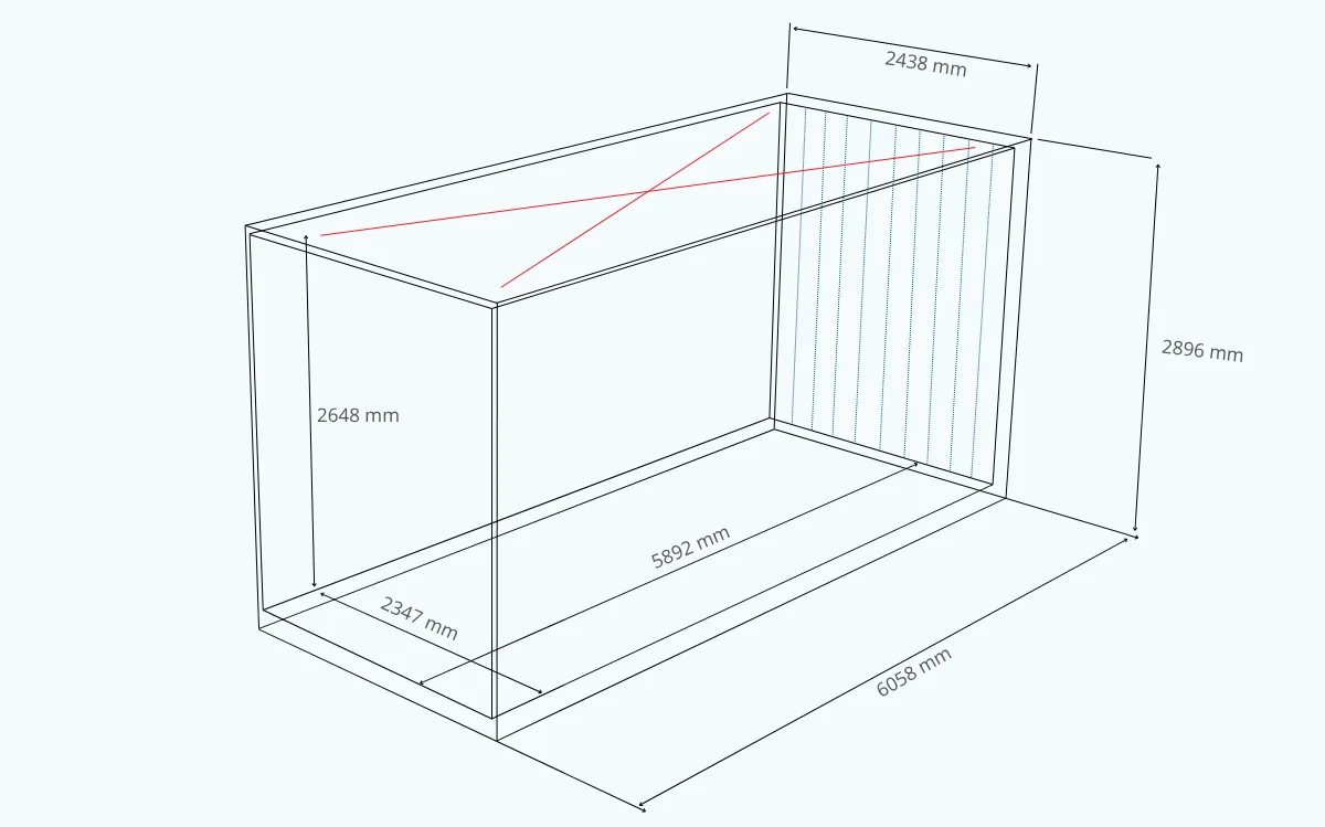 20 Open Top High Cube konteineris matmenys 20 pėdų Open Top High Cube konteineris – matmenų ir palečių talpos schema