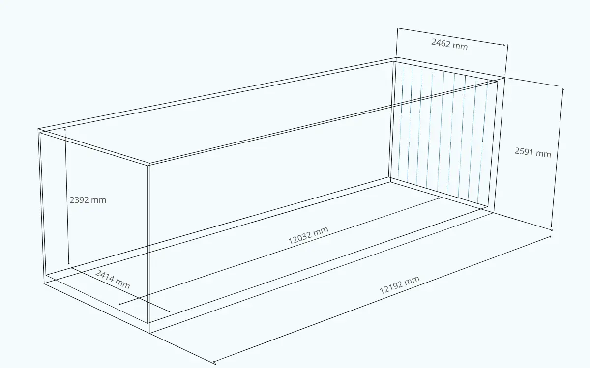 40 Pallet Wide konteineris matmenys 40 pėdų Pallet Wide konteineris – matmenų ir palečių talpos schema