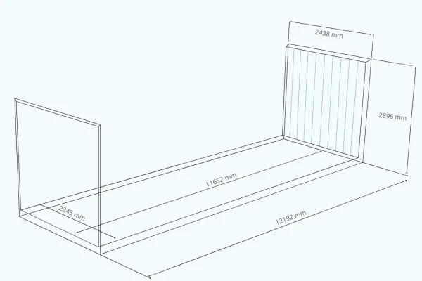 40 pėdų Flatrack High Cube konteineris – matmenų ir palečių talpos schema