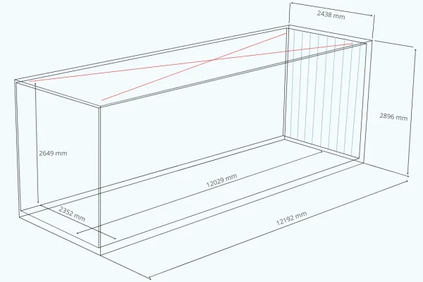 40 pėdų Open Top High Cube konteineris – matmenų ir palečių talpos schema