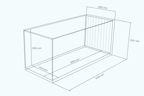 20 pėdų Pallet Wide konteineris – matmenų ir palečių talpos schema