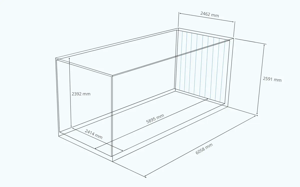 20 Pallet Wide konteineris matmenys 20 pėdų Pallet Wide konteineris – matmenų ir palečių talpos schema